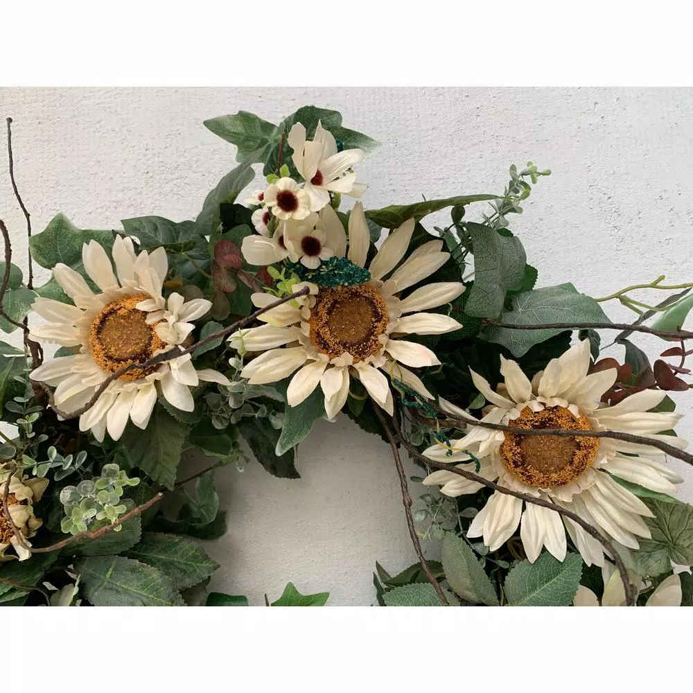 Glitzhome 24 in. Artificial Green Wreath with White Cream Sunflowers and Silk Leaves