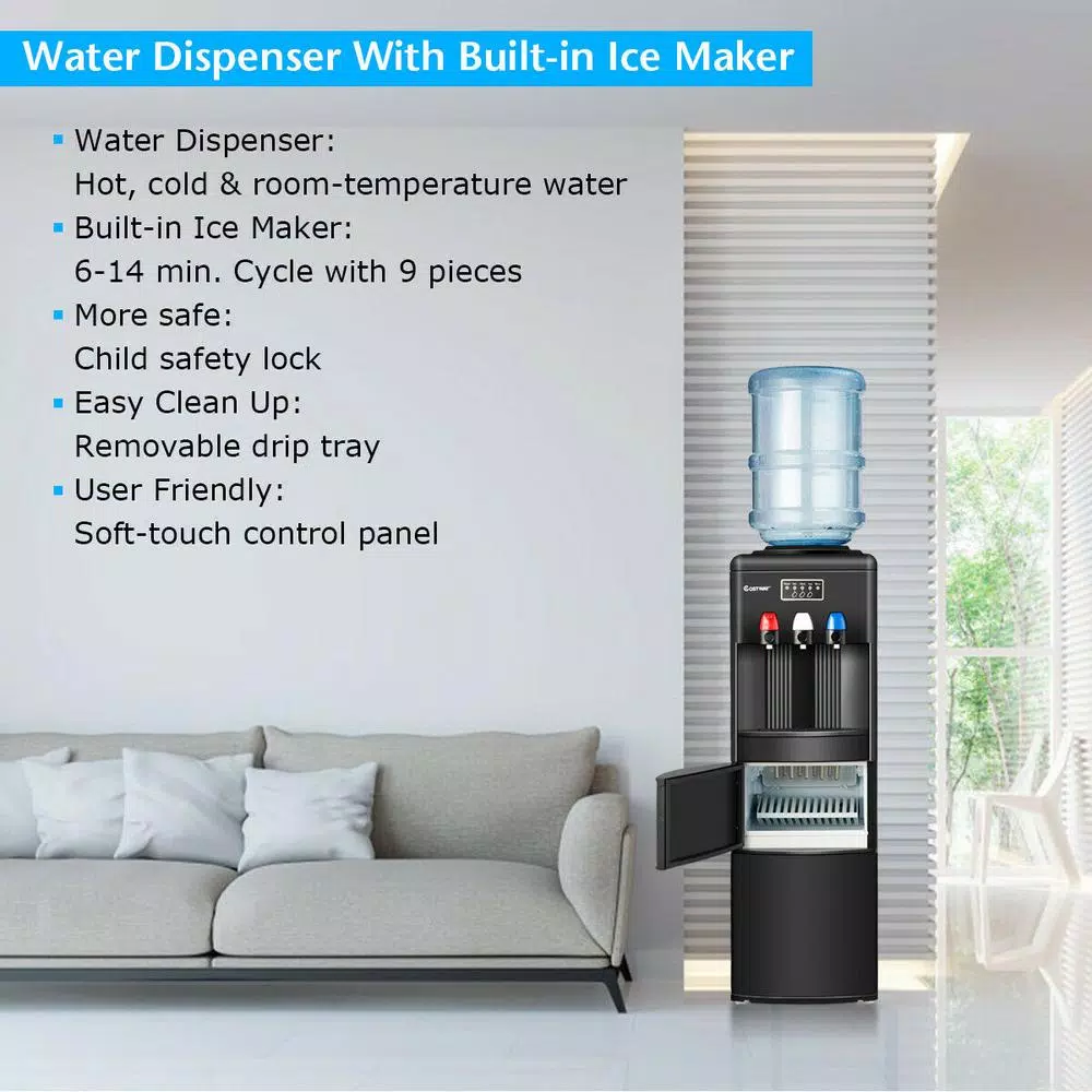 Costway Top Loading Water Dispenser with Built-In Ice Maker, Hot & Cold Tri-Temp Water Cooler, Black