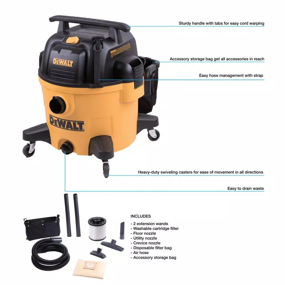 DEWALT 9 Gal. Wet/Dry Vacuum with 5 Peak HP Motor and Fine-Dust Cartridge Filter