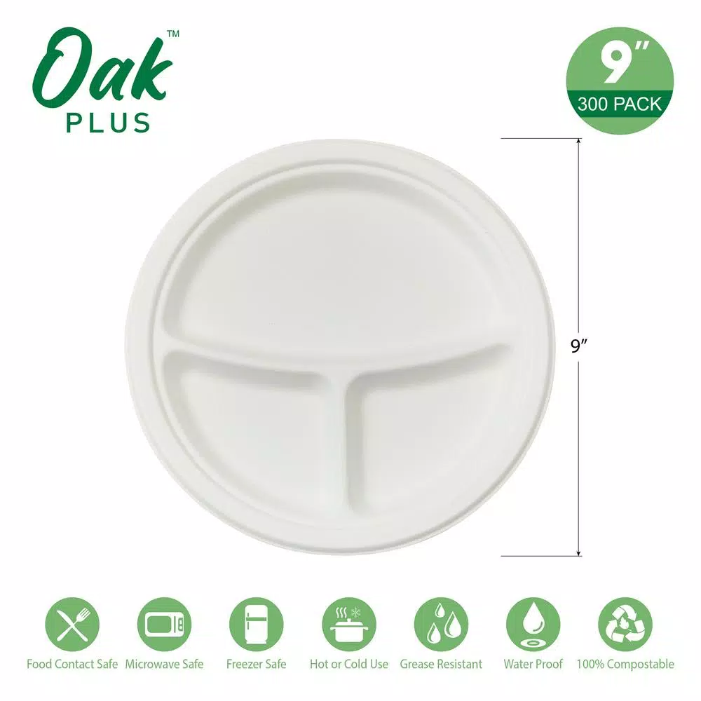 Unbranded 9 in. White Sugarcane Sectional Plates, 3-Compartment Biodegradable Disposable Plates (300 Pack)