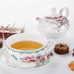 MALACASA Elegant Porcelain Tea for One Set - 3 Piece Teapot, Teacup and Saucer Set, White with Pattern thumbnail 5