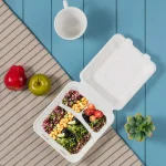 Unbranded 8 in. White Sugarcane 3-Compartment Sectional Clamshell Containers, 300 Pack thumbnail 4