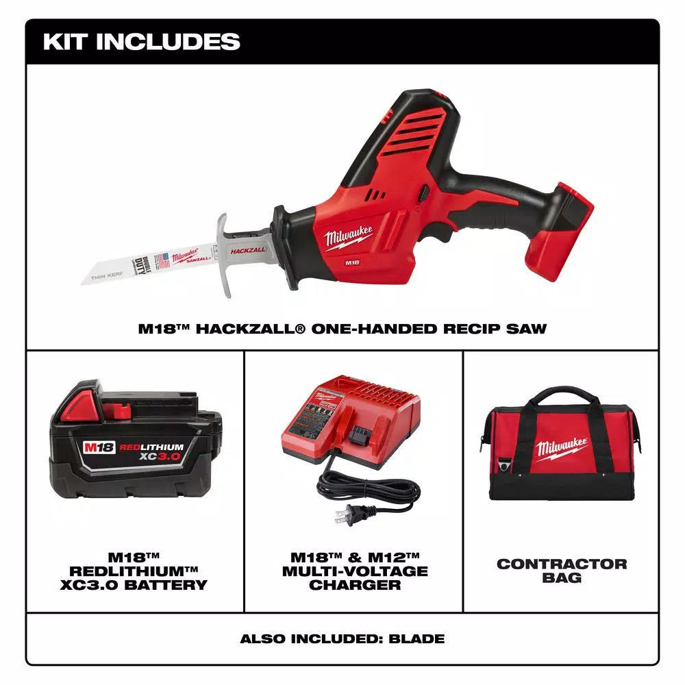 Milwaukee M18 18V Lithium-Ion Cordless Hackzall Reciprocating Saw Kit with 3.0Ah Battery, Charger and Bag