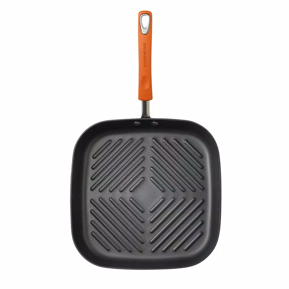 Rachael Ray 10.75 in. Hard-Anodized Aluminum Nonstick Square Grill Pan, Orange and Gray