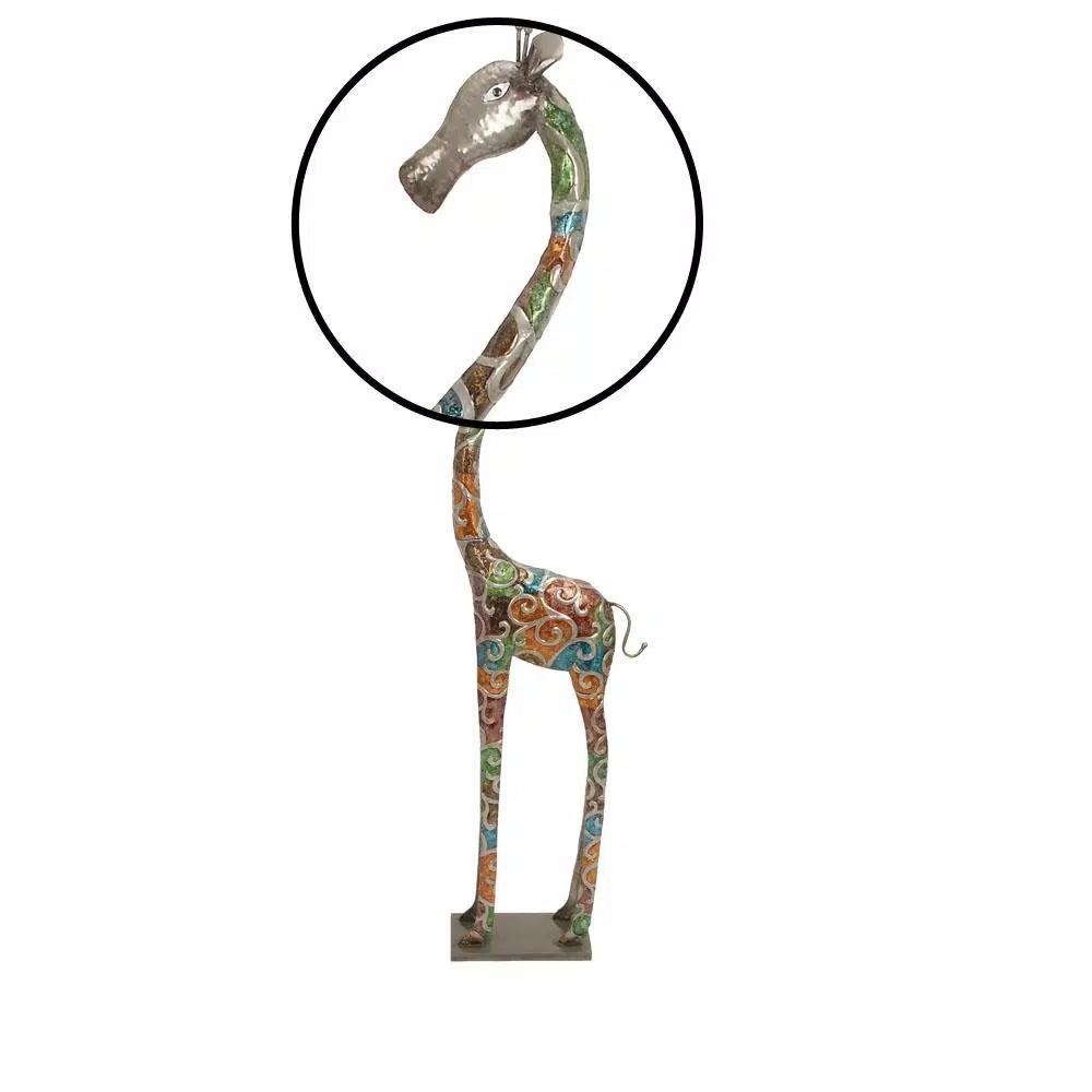 LITTON LANE Stylized Giraffe Metal Sculpture - 73" Tall Multi-Colored Glazed Iron Statuary