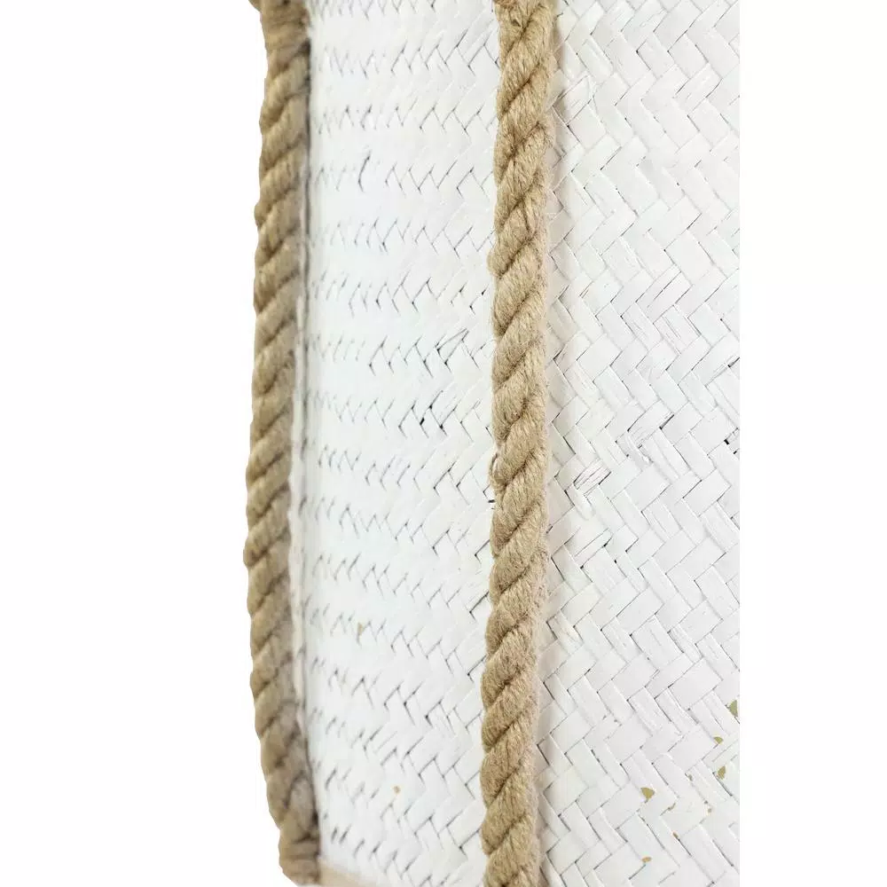 LITTON LANE Set of 3 Round Palm Leaf and Rope Wicker Storage Baskets with Handles, White