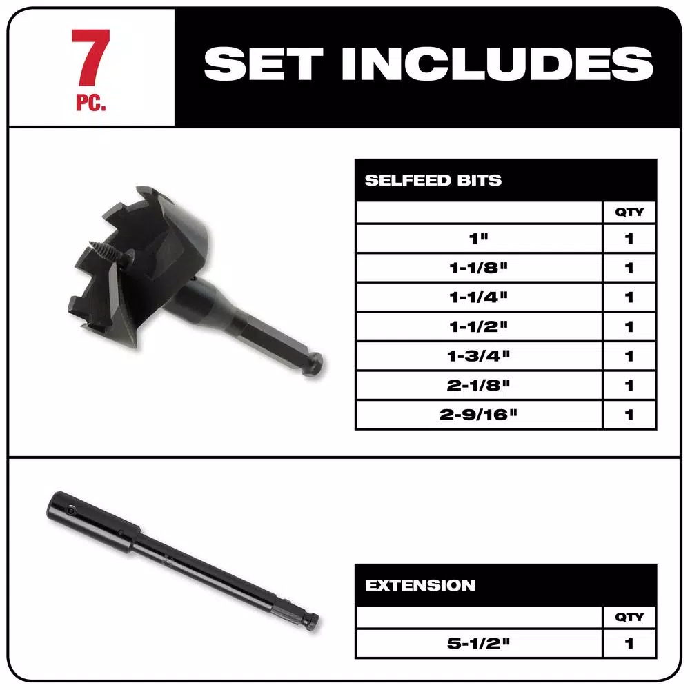 Milwaukee Selfeed 7-Piece High Speed Steel Wood Boring Auger Bit Set with Carrying Case