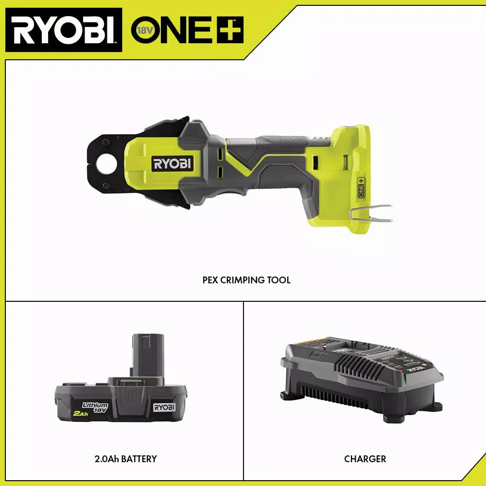 RYOBI 18V ONE+ PEX Crimp Ring Press Tool Kit with 2.0 Ah Battery and IntelliPort Charger