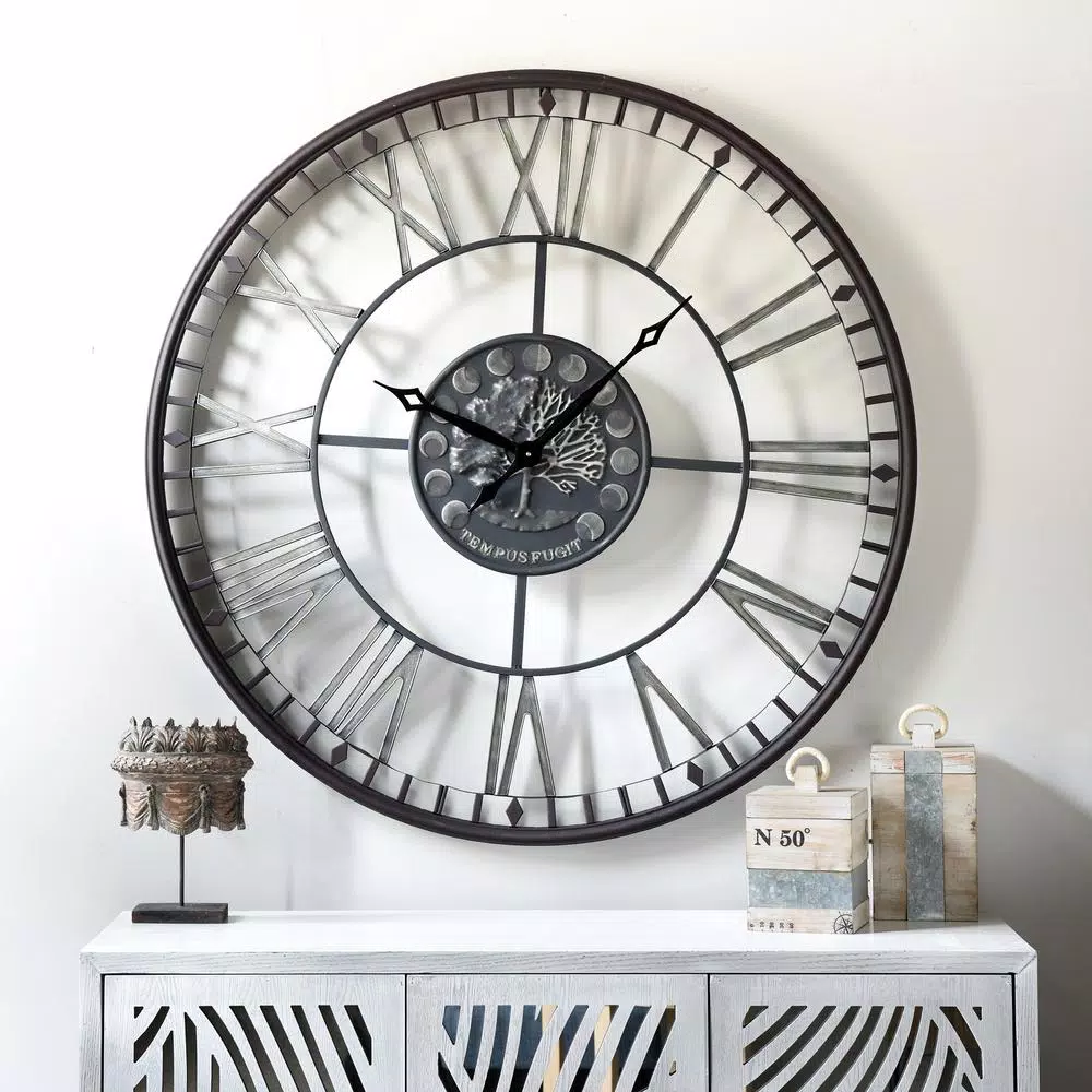 StyleCraft Aged Black Metal Roman Numeral Analog Wall Clock - Oversized 43 Inch Round Mid-Century Decor