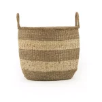 Zentique Large Hand Woven Seagrass and Palm Leaf Striped Basket with Handles thumbnail 2