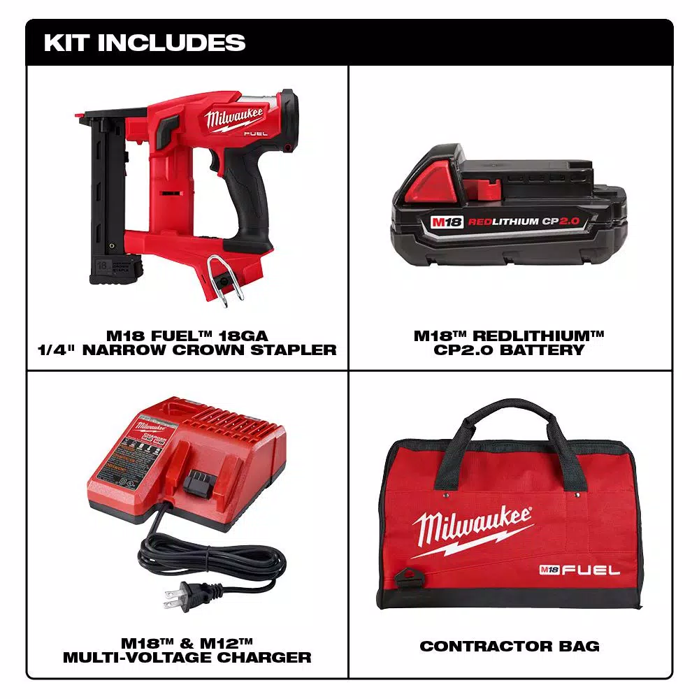 Milwaukee M18 FUEL 18-Gauge 1/4 in. Narrow Crown Cordless Stapler Kit with 2.0 Ah Battery and Charger
