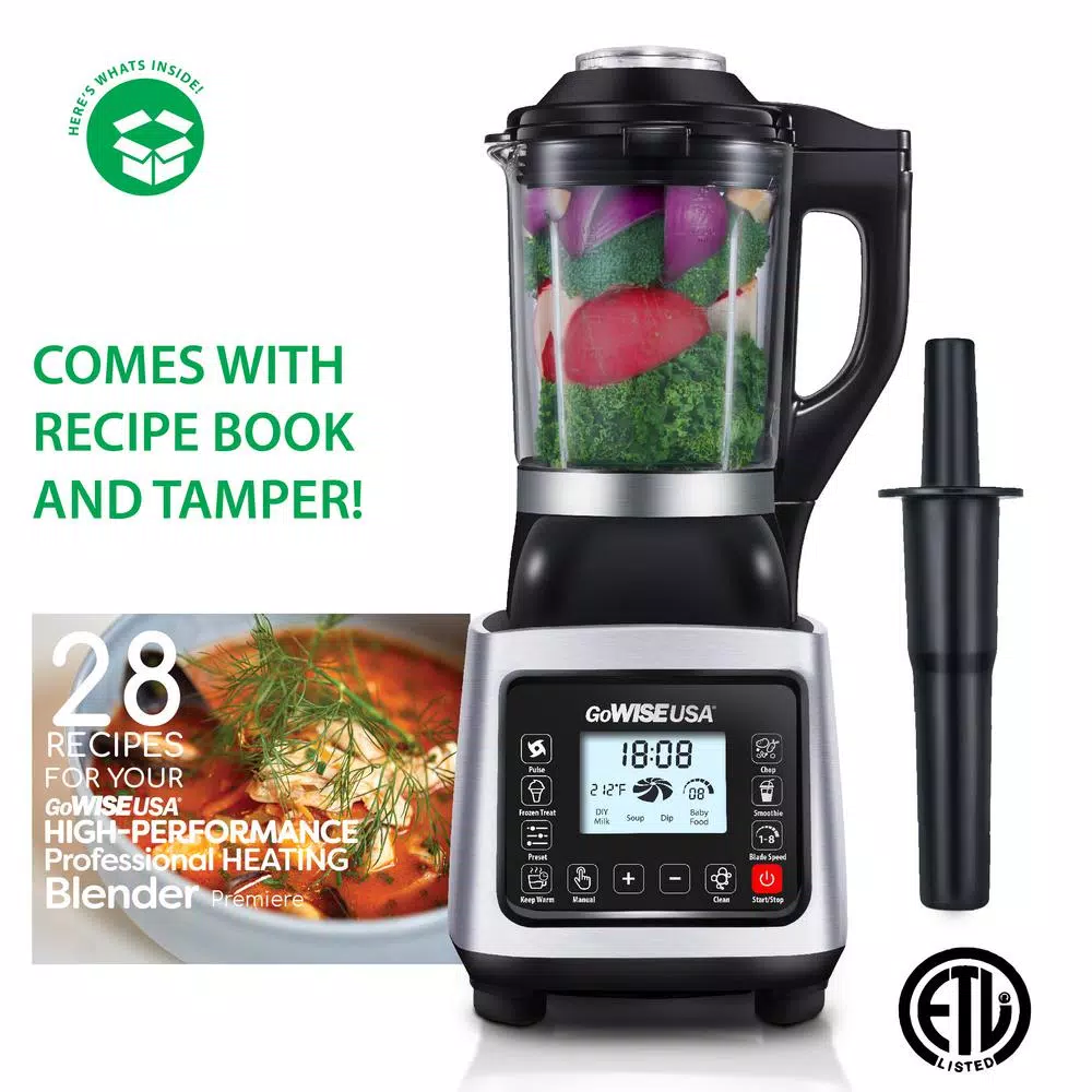 GoWISE USA Professional Heating Blender, 1400W High-Speed 8-Speed Glass Pitcher Blender with 59 oz. Capacity
