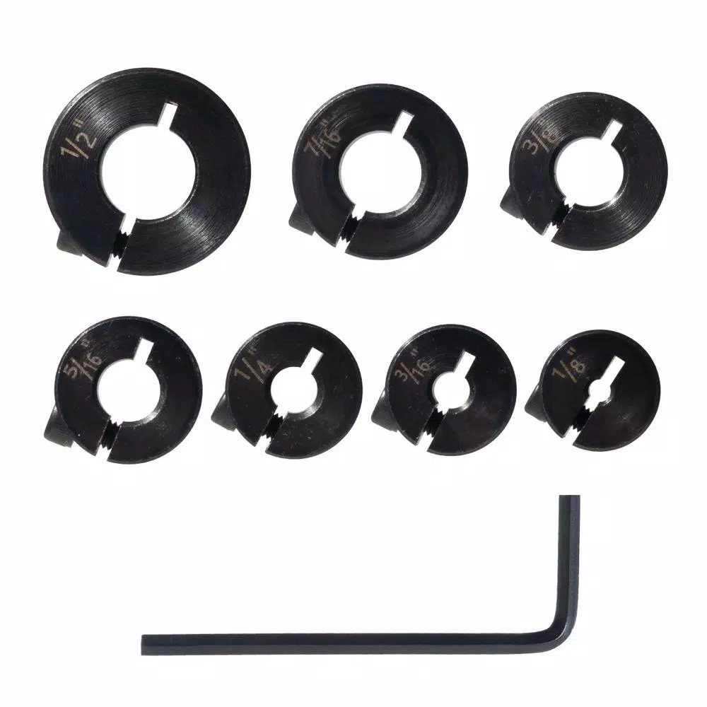 POWERTEC 7-Piece Steel Drill Bit Stop Collar Set with Split Ring Design and Size Markings