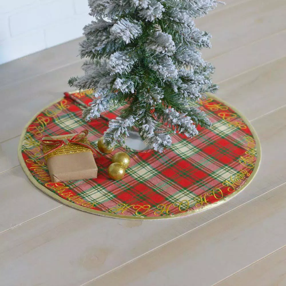 VHC Brands 21 in. HO Holiday Cherry Red Plaid Cotton Christmas Tree Skirt with Gold Embroidery