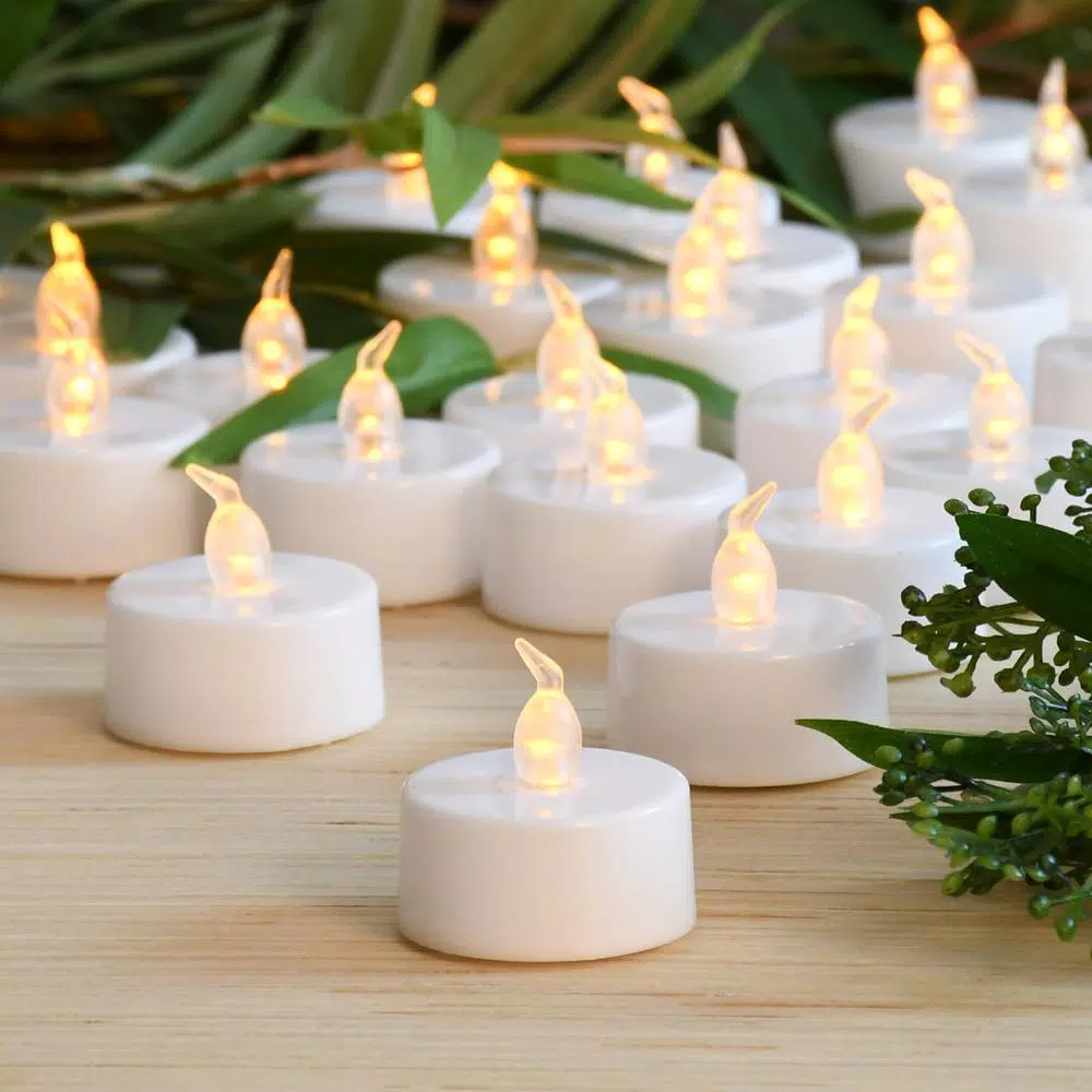LUMABASE Amber LED Tea Light Candles - Battery Operated Flickering Flameless Set (24-Count)