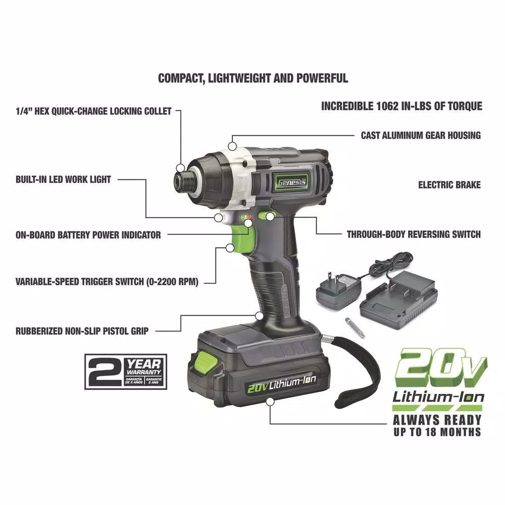 Genesis GLID20A 20V Cordless Lithium-Ion Impact Driver Kit with 1.5Ah Battery, Charger, and Bit