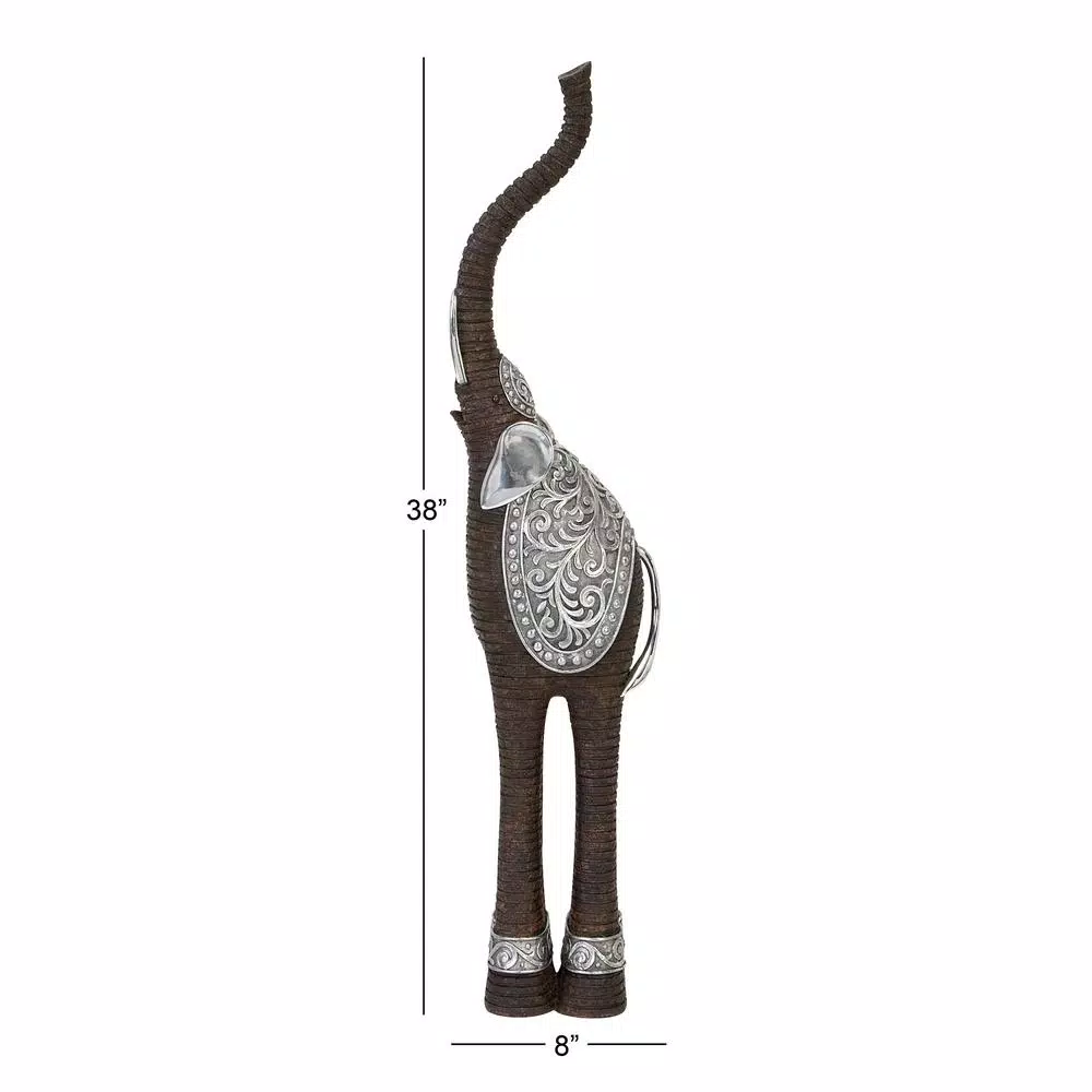LITTON LANE 38 in. Elephant Decorative Sculpture with Raised Trunk - Brown and Silver Polystone Statuary