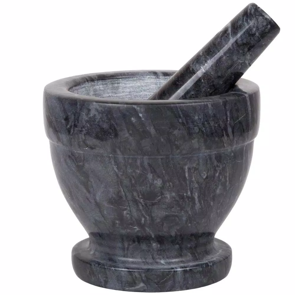 Creative Home Natural Black Marble Mortar and Pestle Set, 5-1/4 in. Stone Grinder for Spices and Herbs