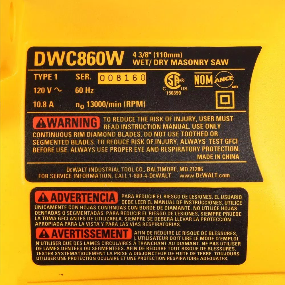 DEWALT 4-3/8 in. Wet/Dry Handheld Tile Cutter, 10.8 Amp
