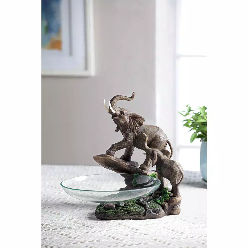 ORE International 10.5 in. Elephant Resin Candy Dish with Glass Bowl - Mother and Calf Sculpture