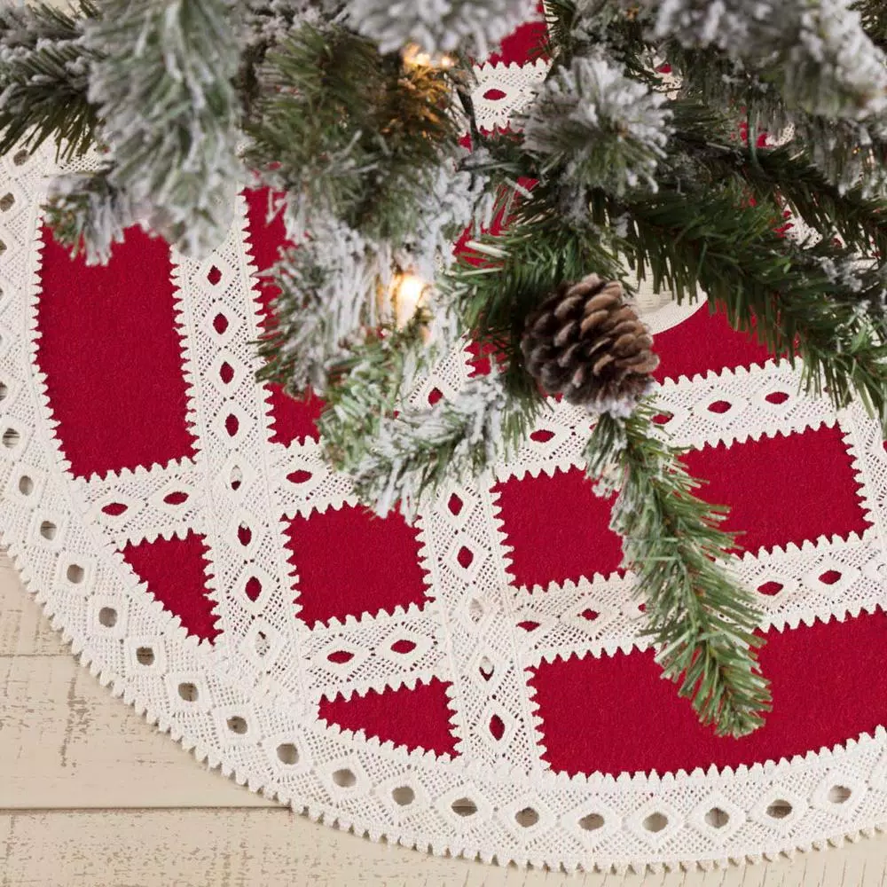 VHC Brands 21 in. Red Margot Farmhouse Christmas Tree Skirt with Diamond Cut Lace