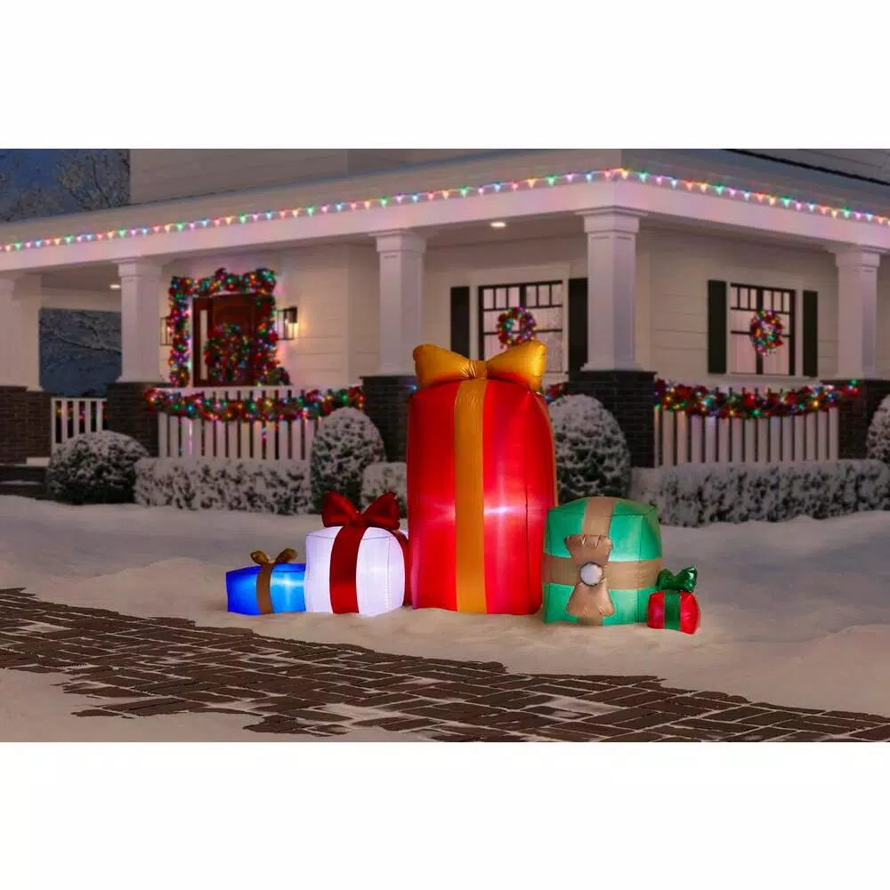 Airblown 4.43 ft. Inflatable Fuzzy Gift Box Scene with Metallic Fabric and LED Lights