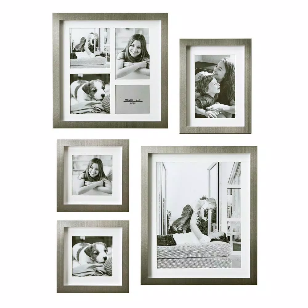 Stonebriar Collection Silver Metal Shadow Box Picture Frame Set, 5-Piece Gallery Wall Decor with White Mats