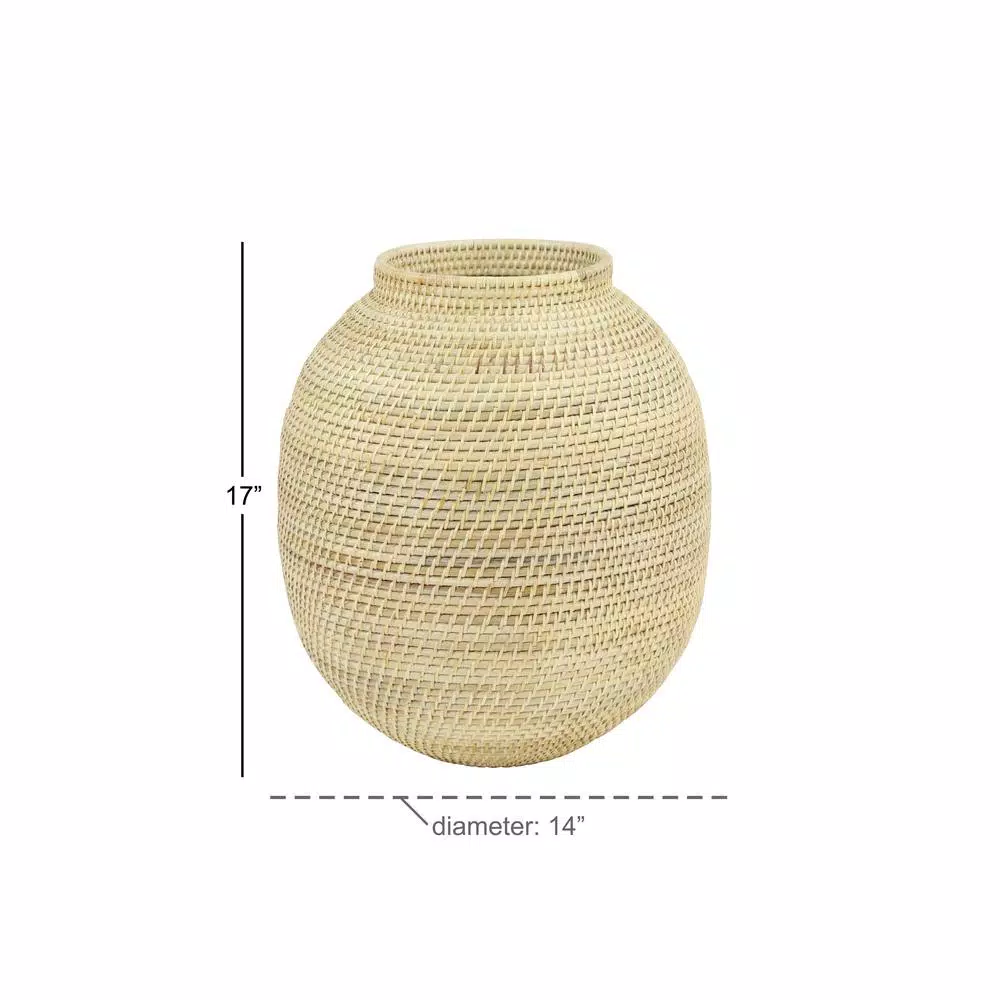 LITTON LANE Large Handwoven Natural Bamboo and Rattan Decorative Vase, 17 in. x 14 in.