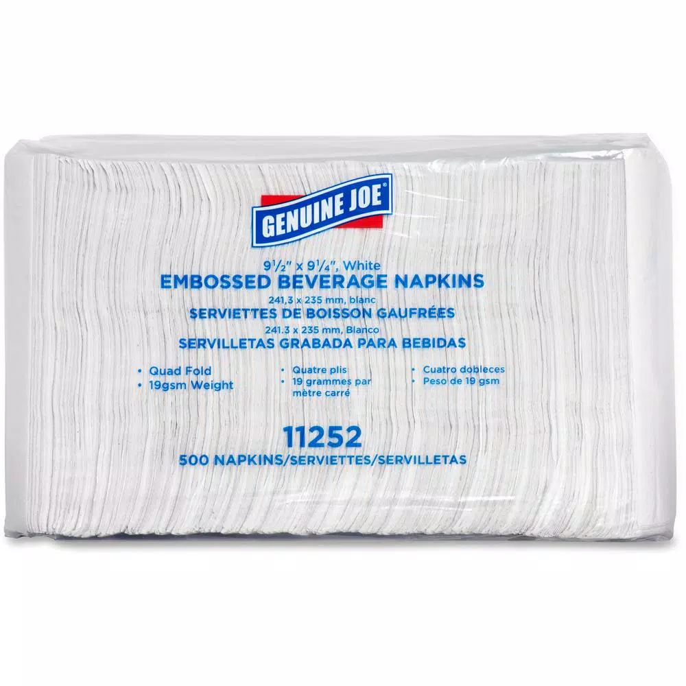 Genuine Joe White Quad-Fold Square Beverage Napkins, 9.5 x 9.5 in, 4000 Count Case