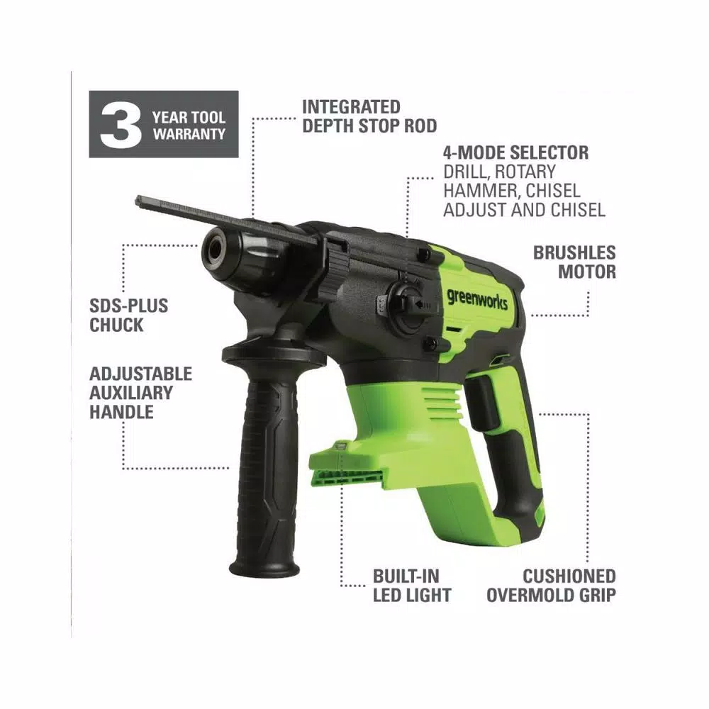 Greenworks 24V Cordless Brushless SDS-Plus Rotary Hammer, 2J (Tool Only)
