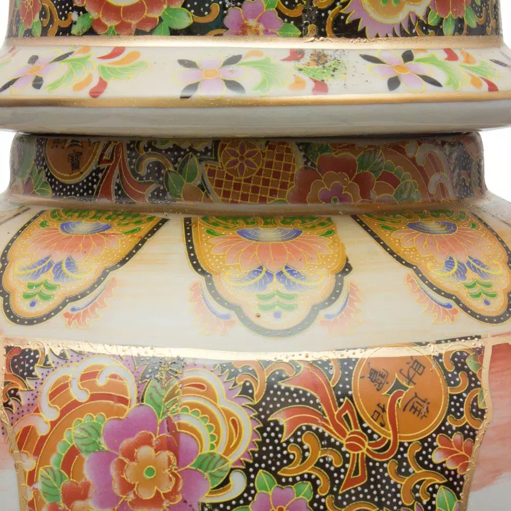Unbranded Oriental Furniture 18 in. Rose Medallion Satsuma Peacock Porcelain Temple Jar