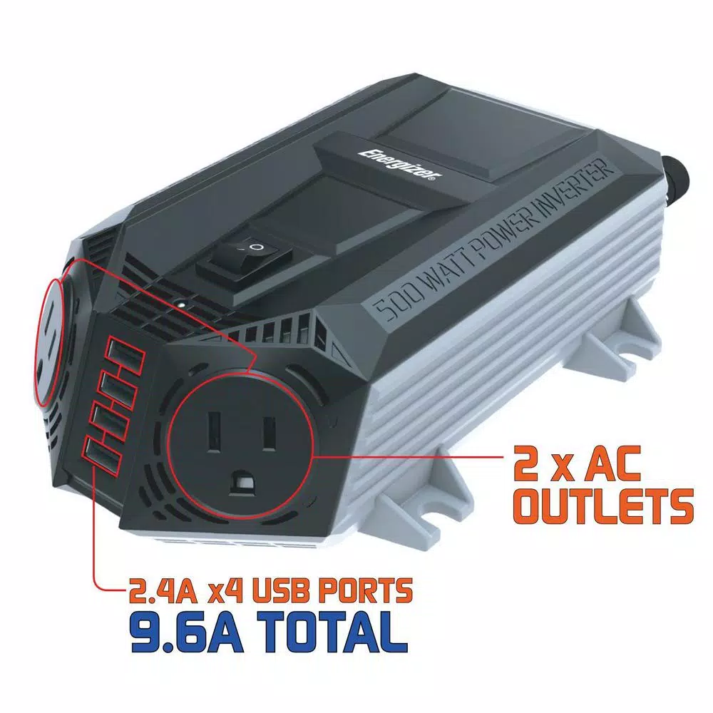 Energizer EN548 500W Power Inverter 12V DC to 120V AC with 4 USB Ports