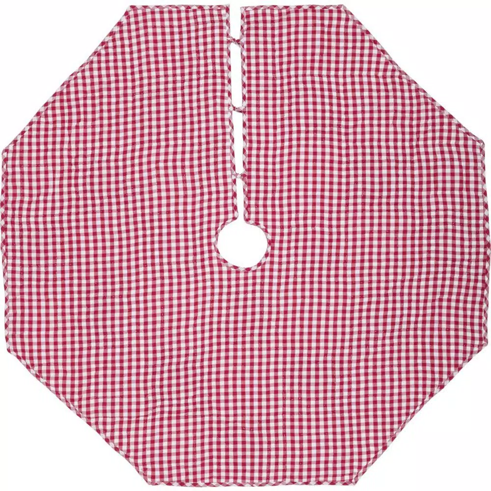 VHC Brands Emmie 60 in. Red Patchwork Christmas Tree Skirt - Hand-Quilted Cotton Farmhouse Decor
