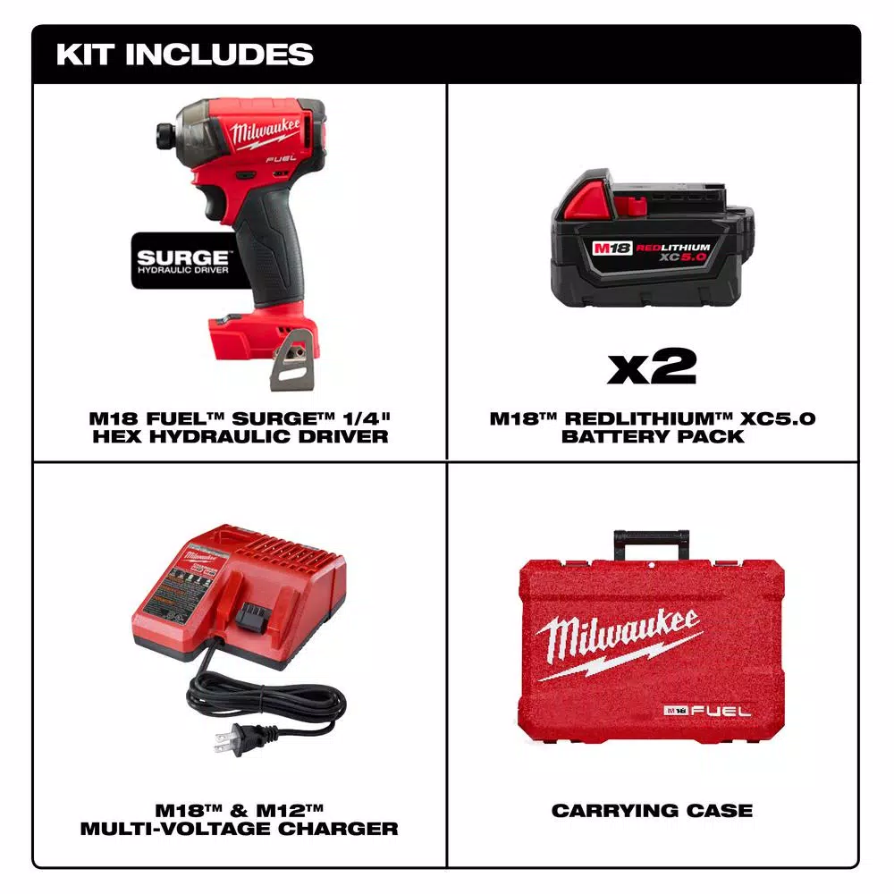 Milwaukee M18 FUEL SURGE 1/4 in. Hex Hydraulic Impact Driver Kit with Two 5.0 Ah Batteries