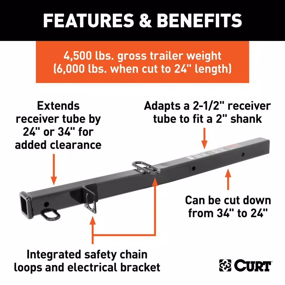 CURT Receiver Tube Adapter, 2-1/2" to 2" Shank, 34" Length, 4,500 lbs. GTW