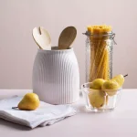 Home Essentials 7 in. Striped Embossed Ceramic Utensil Crock - White Stoneware Tool Holder thumbnail 2