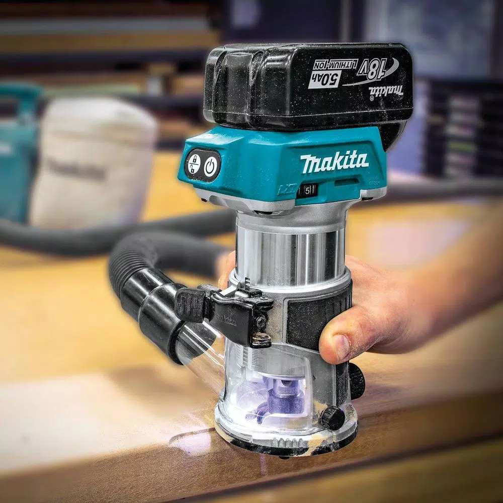Makita 18V LXT Brushless Cordless Compact Router Kit with 5.0 Ah Batteries (XTR01T7)