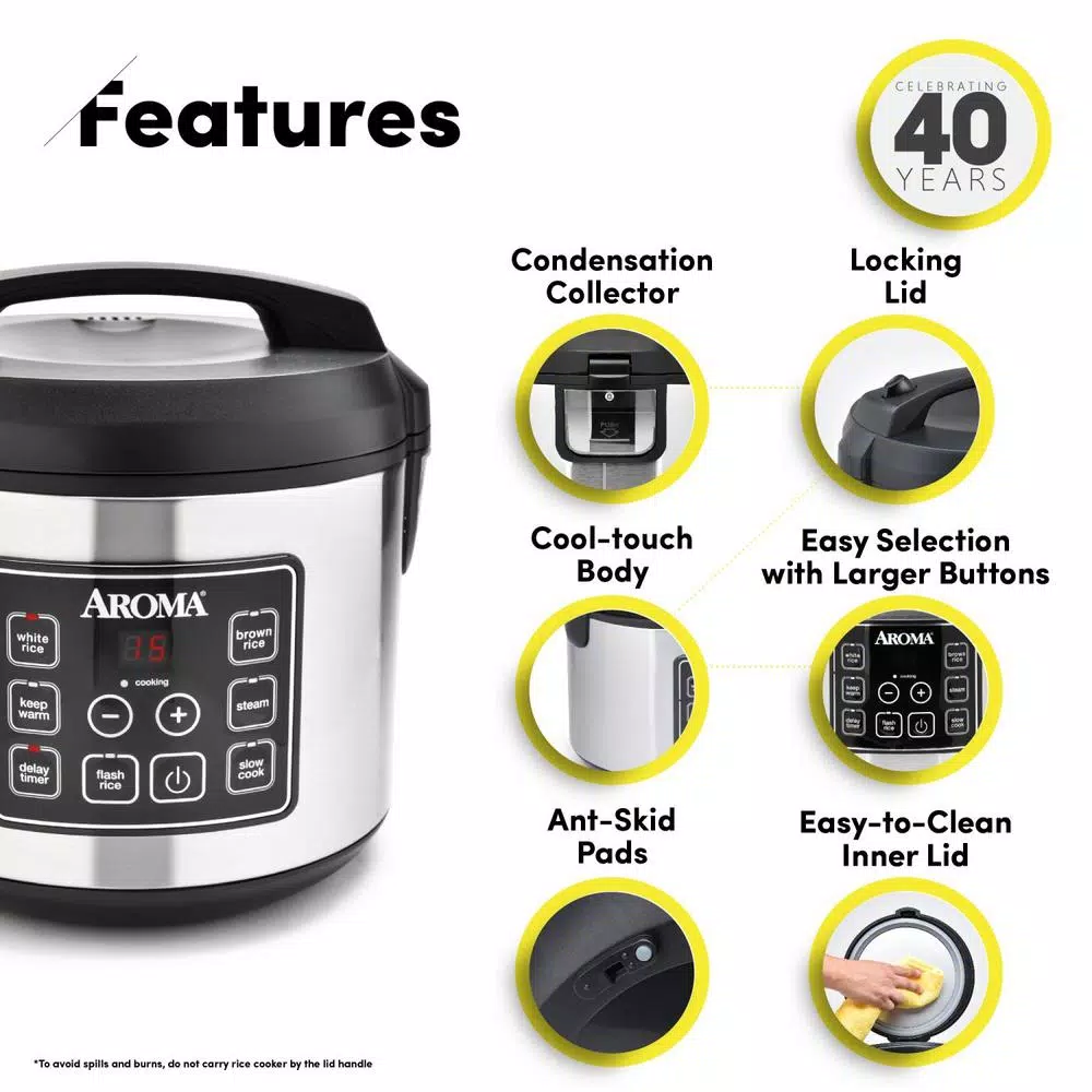 Aroma 20-Cup Digital Rice Cooker, Food Steamer, and Slow Cooker in Silver