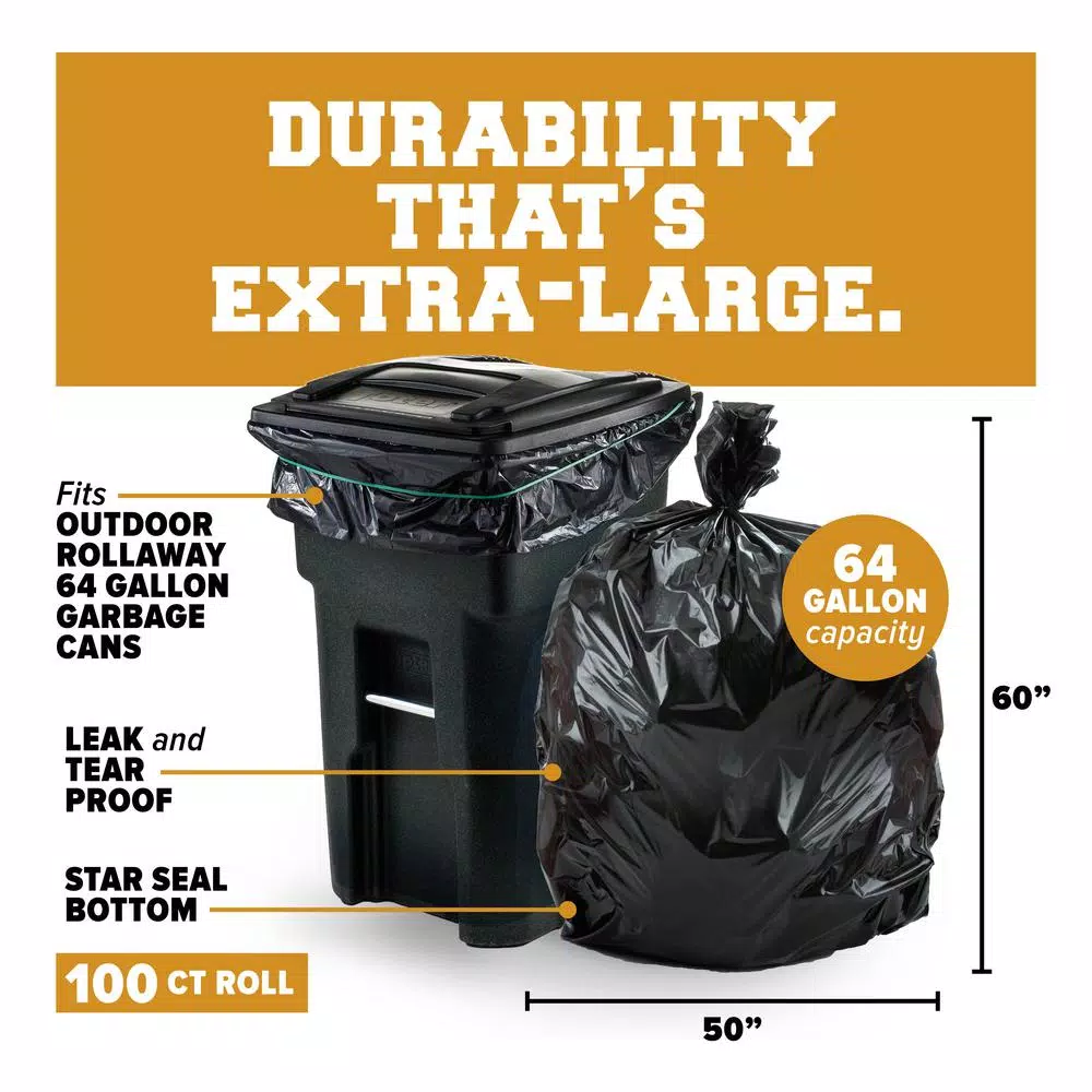 Plasticplace 65 Gal. Black Toter Compatible Trash Bags, 1.2 Mil, 50 in. x 60 in., 100-Count Case