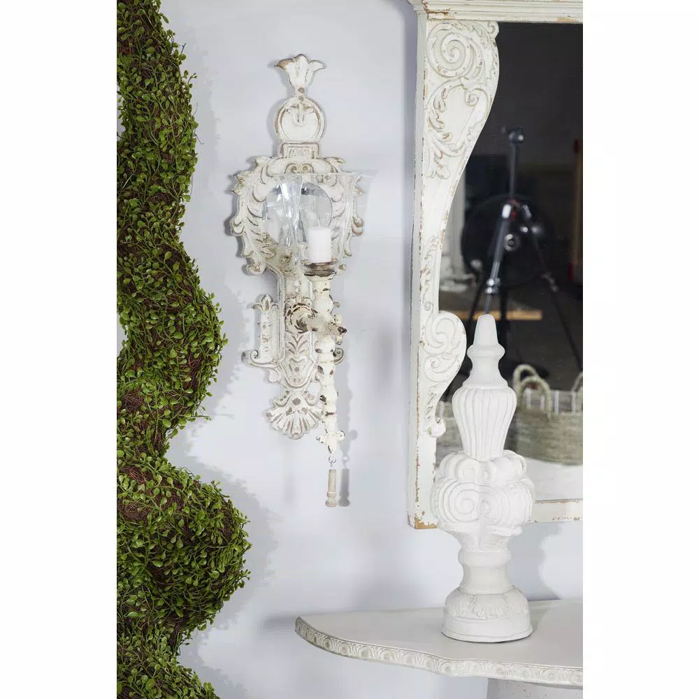 LITTON LANE Distressed White Ornate Candle Sconce - Vintage Metal and Wood Wall Decor