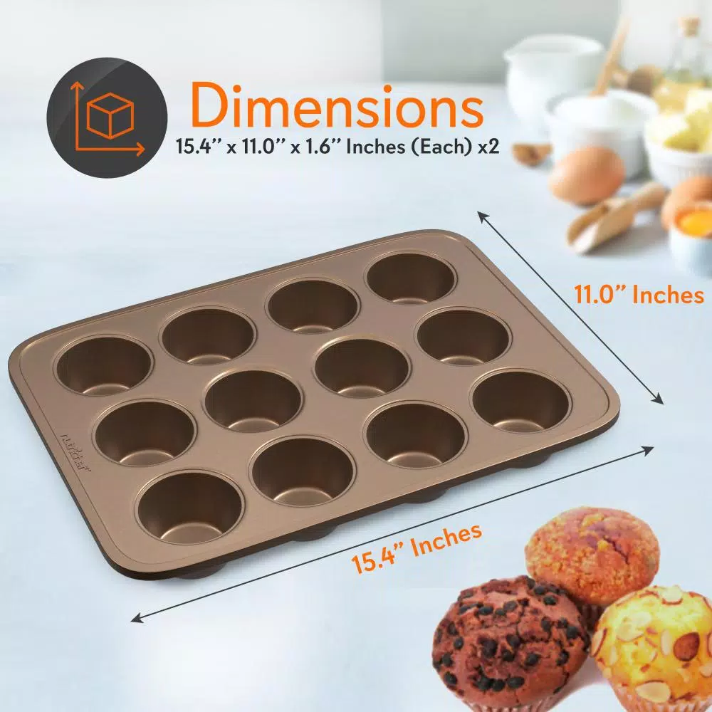 NutriChef 2-Piece Deluxe Non-Stick Steel Muffin and Cookie Baking Sheet Set, Gold