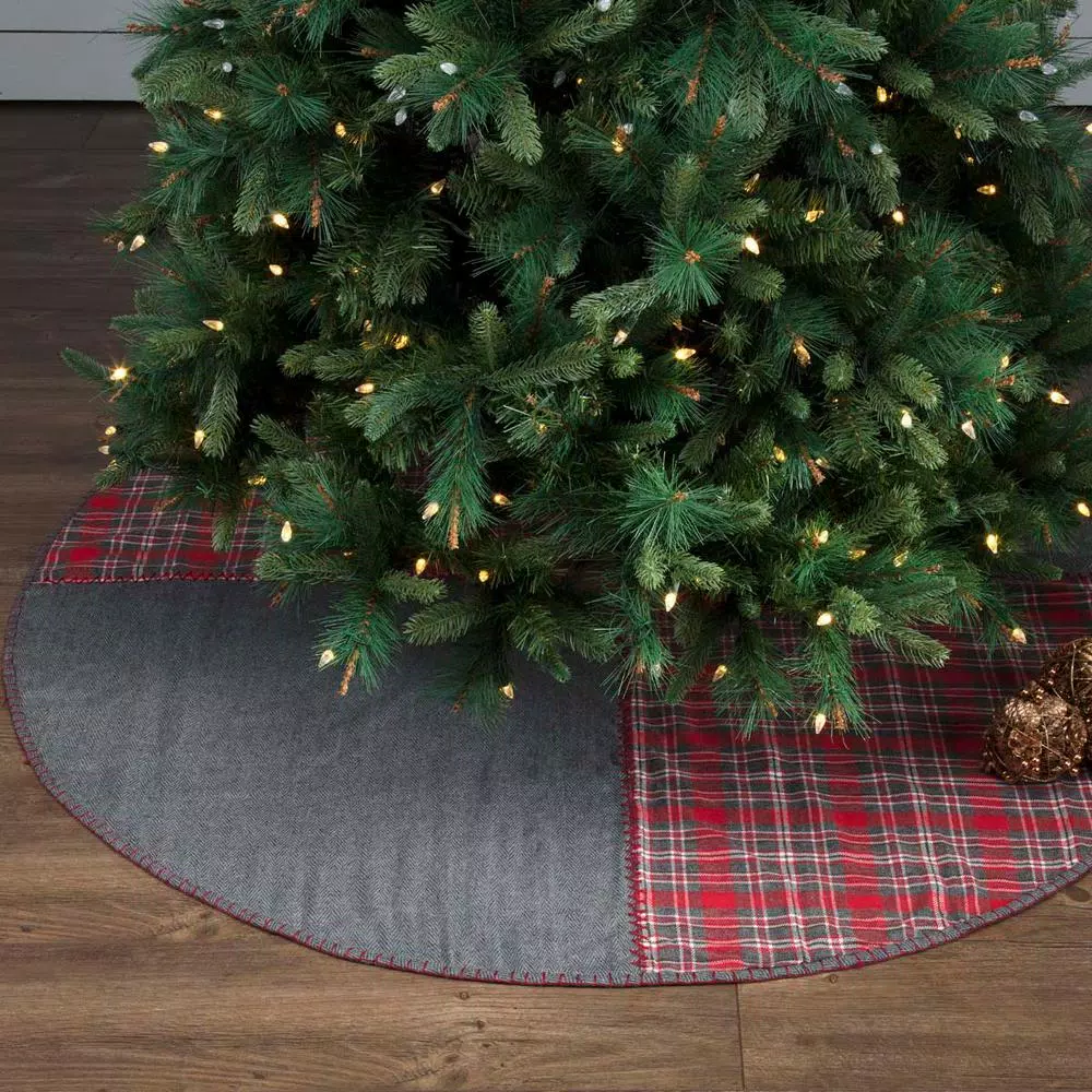 VHC Brands 60 in. Anderson Cherry Red Rustic Patchwork Christmas Tree Skirt