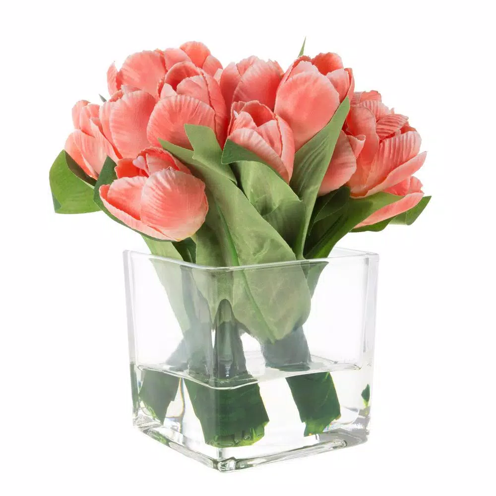 Pure Garden Soft Coral Tulip Floral Arrangement with Glass Vase and Faux Water