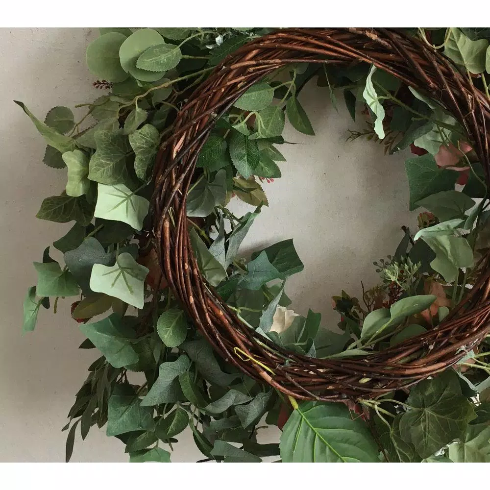 Glitzhome 26 in. Artificial Green Wreath with Roses, Eucalyptus, and Lambs Ear