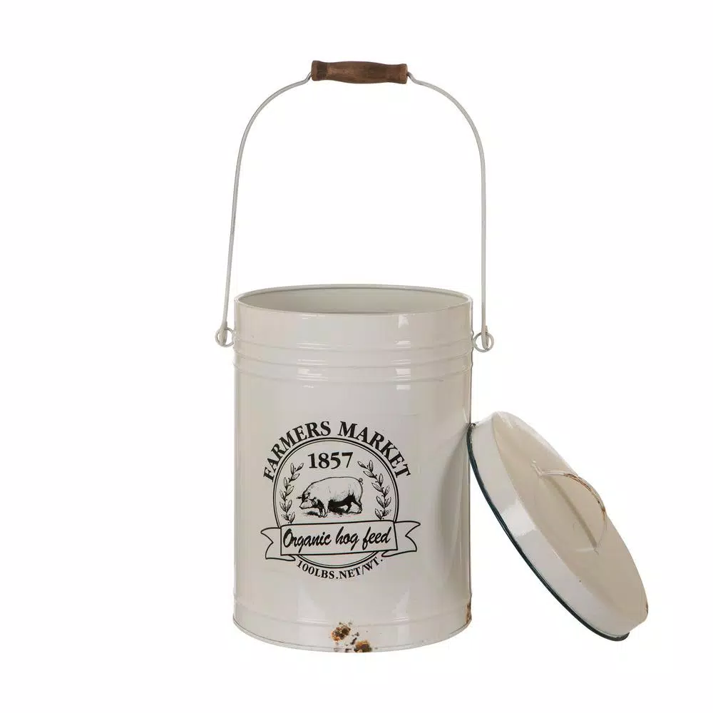 Glitzhome 13 in. Farmhouse Enamel Metal Canister with Wire Handle and Distressed Finish