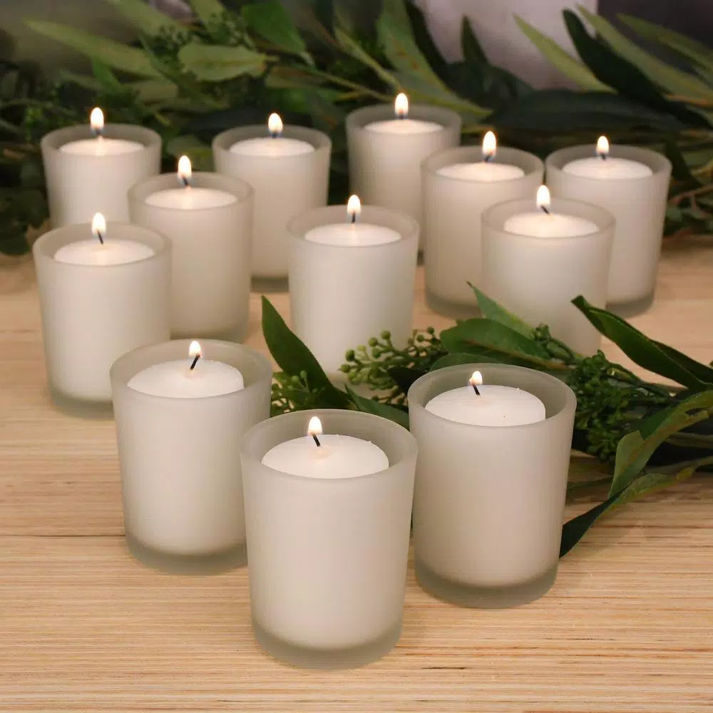 LUMABASE 12-Piece White Votive Candle Set with Frosted Glass Holders, 15-Hour Burn Time, Unscented Paraffin Wax