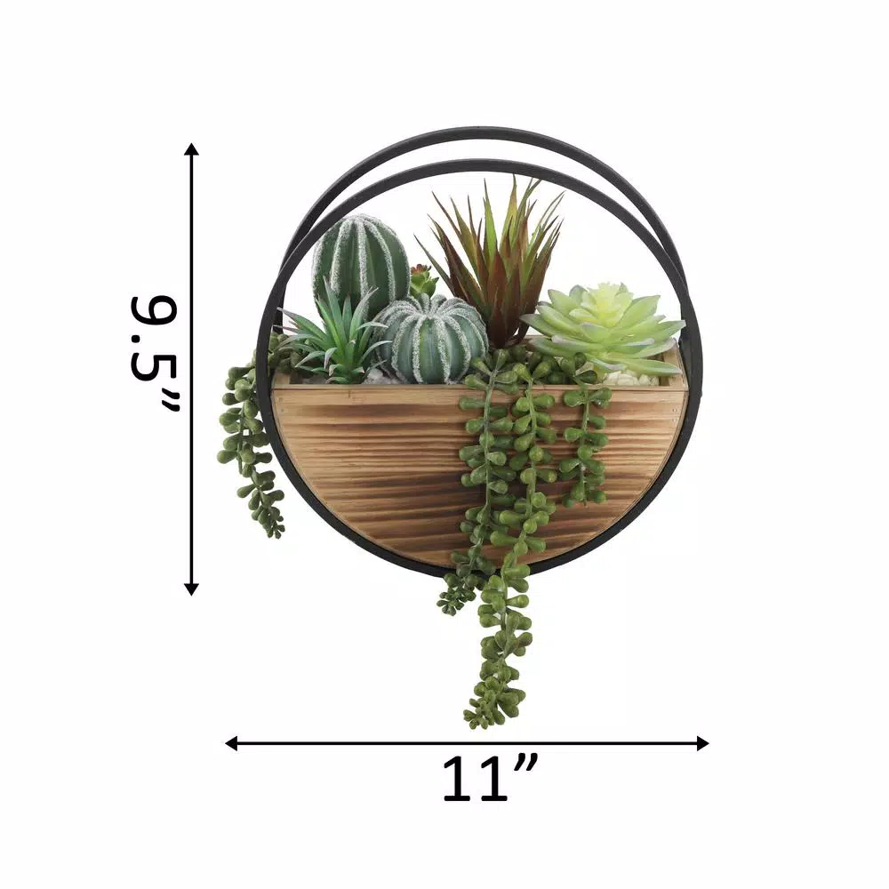 Flora Bunda 11 in. Round Wood and Metal Faux Succulent Wall Hanging Planter
