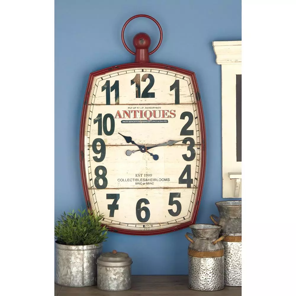 LITTON LANE 33 in. x 19 in. Antique Reproduction Style Wall Clock - Rustic Distressed Red & White