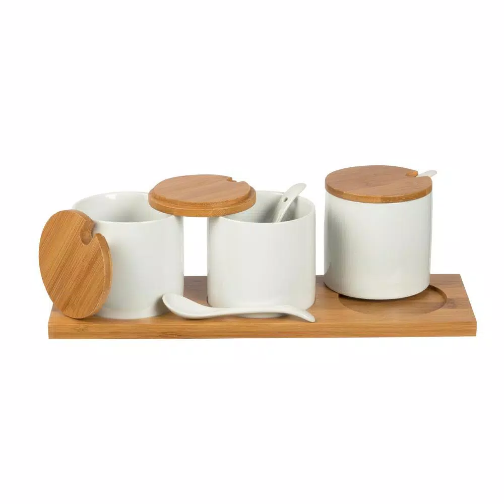 Unbranded Denmark Tools For Cooks 10-Piece White Porcelain Condiment Server Set with Bamboo Lids and Tray