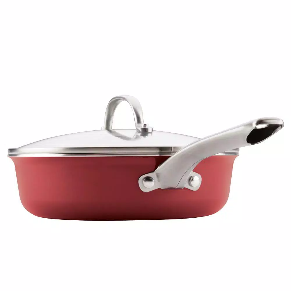 Ayesha Curry Home Collection 3 Qt. Aluminum Nonstick Saute Pan with Glass Lid, Sienna Red